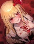  1girl absurdres alternate_hair_length alternate_hairstyle black_skirt blonde_hair blood blood_on_body blood_on_clothes blood_on_face blood_on_hands clenched_teeth collared_shirt hair_ribbon hand_up highres pantyhose parted_lips pointy_ears qiu_ju red_eyes red_ribbon red_shoes ribbon sharp_teeth shirt shoes skirt smile solo suspender_skirt suspenders teeth touhou white_pantyhose white_shirt 