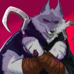  1boy animal_ears black_cloak cloak death_(puss_in_boots) english_commentary fangs furry furry_male gatodefranja676 holding_sickle hood hooded_cloak looking_at_viewer male_focus puss_in_boots:_the_last_wish red_background red_eyes shrek_(series) upper_body wolf_boy wolf_ears 
