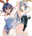  2girls absurdres alternate_costume animal_ears armpits arms_behind_head arms_up belle_(zenless_zone_zero) black_leotard blue_hair blue_leotard bow bowtie breasts chromatic_aberration cleavage collar collarbone commentary_request covered_navel detached_collar earrings fake_animal_ears fake_tail green_eyes grey_hair hair_between_eyes hair_ornament highleg highleg_leotard highres jewelry large_breasts leotard letter_hair_ornament light_blush long_hair looking_at_viewer mole mole_on_breast multiple_girls one_eye_closed open_mouth orange_bow orange_bowtie playboy_bunny rabbit_ears rabbit_tail short_hair smile strapless strapless_leotard tail thigh_gap thighs umamipesto very_long_hair white_collar white_wrist_cuffs wrist_cuffs yellow_bow yellow_bowtie yellow_eyes yi_xuan_(zenless_zone_zero) zenless_zone_zero 