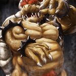  belly blush bowser bracelet chubby claws collar hair horn jewelry koopa looking_at_viewer male mario_bros masabowser muscles nintendo nude open_mouth overweight plain_background pubes reptile scalie shell simple_background solo spikes sweat teeth tongue turtle video_games 