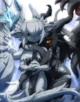 black_body black_sclera breasts capcom claws construct_(mh) dragon duo female hi_res horn humanoid monster_hunter mythological_creature mythological_scalie mythology orange_eyes rilex_lenov scales scalie tail white_body wing_fingers wings zoh_shia