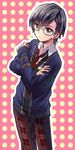  alternate_costume bad_id bad_pixiv_id bespectacled black_hair glasses hair_ornament hairclip jude_mathis male_focus mikou_(monpamanpe) necktie pants pink_background plaid polka_dot polka_dot_background school_uniform solo tales_of_(series) tales_of_xillia yellow_eyes 