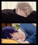  2boys aventurine_(honkai:_star_rail) black_border black_shirt blonde_hair blue_hair blue_shirt border closed_eyes closed_mouth commentary_request dr._ratio_(honkai:_star_rail) eyelashes hair_between_eyes hickey highres honkai:_star_rail honkai_(series) implied_yaoi long_sleeves lying male_focus multicolored_eyes multiple_boys on_side pillow plant rimeaari shirt smile 