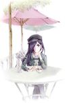  bow bowtie cabbie_hat casual commentary crossed_legs cup elemile flower hair_over_one_eye hat highres ikezawa_hanako katawa_shoujo long_hair looking_at_viewer md5_mismatch pov_across_table purple_eyes purple_hair scar sitting solo stirring table teacup vase 