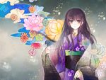  black_hair expressionless floral_background floral_print flower grey_background japanese_clothes kazu_(muchuukai) kimono long_hair original purple_eyes solo 