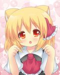  :o animal_ears ascot bad_id bad_pixiv_id blonde_hair cat_ears fang highres kemonomimi_mode red_eyes ribbon rumia shinekalta short_hair solo touhou upper_body 