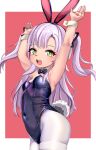  +_+ 1girl animal_ear_hairband animal_ears armpits arms_up azur_lane blue_bow blue_bowtie blue_leotard bow bowtie breasts commentary_request covered_navel dedorudy detached_collar fake_animal_ears fake_tail green_eyes hairband highleg highleg_leotard highres leotard long_hair looking_at_viewer ognevoy_(azur_lane) open_mouth playboy_bunny purple_hair rabbit_ear_hairband rabbit_ears rabbit_tail red_background simple_background small_breasts solo strapless strapless_leotard tail teeth thighhighs two_side_up upper_teeth_only white_thighhighs wrist_cuffs 