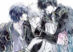  bandaged_head bandages black_hair black_haori black_jacket black_shirt boy_sandwich cigarette collared_jacket commentary commentary_request gintama grey_hair hadanugi_dousa hand_on_another&#039;s_shoulder haori highres hijikata_toushirou holding holding_milk_carton holding_smoking_pipe jacket japanese_clothes kimono kiseru lushu_kuye milk_carton mouth_hold popped_collar purple_kimono sakata_gintoki sandwiched shirt smoking_pipe strawberry_milk takasugi_shinsuke white_kimono 