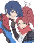  1boy 1girl absurdres blue_eyes blue_hair cosplay hair_between_eyes highres kirijou_mitsuru marvel marvel_rivals persona persona_3 persona_3_reload psylocke psylocke_(cosplay) red_eyes red_hair red_scarf scarf signature sketch spider-man spider-man_(cosplay) superhero_costume xeeoh yuuki_makoto_(persona_3) 