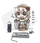  1girl ^^^ blue_eyes brown_hairband cape chibi chibi_only commentary_request computer_keyboard dress fur_cape grey_dress grey_hair hairband high_wizard_(ragnarok_online) holding holding_spoon long_hair open_mouth pointy_ears porinu ragnarok_online shaded_face simple_background soda_bottle solo spoon translation_request upper_body white_background 
