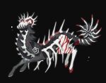  animal_hands back_spikes bairizuomeng black_background black_fur chimera commentary curled_horns curled_tail highres hooves horns monster monster_focus no_eyes no_humans original ribs sharp_teeth signature simple_background solo spiked_tail spikes spines striped_fur swirl symbol-only_commentary tail teeth white_fur white_horns 