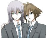  2boys blue_eyes brown_hair green_eyes kingdom_hearts kingdom_hearts_2 kingdom_hearts_ii male male_focus male_only mouth_open multiple_boys necktie open_mouth riku school_uniform short_hair silver_hair sora sora_(kingdom_hearts) tie 