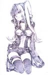  belt choker d.gray-man head_tilt kistina lenalee_lee long_hair monochrome popped_collar shorts simple_background sitting solo thigh_gap thigh_strap thighhighs traditional_media twintails wariza zipper 