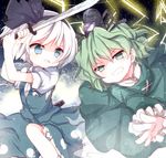  bad_id bad_pixiv_id blue_eyes clenched_teeth dress dress_shirt ghost ghost_tail green_dress green_eyes green_hair hair_ribbon hat hat_ribbon katana konpaku_youmu lightning mari_audio multiple_girls open_mouth ribbon shirt short_hair silver_hair skirt skirt_set soga_no_tojiko sword tate_eboshi teeth ten_desires touhou vest weapon 