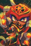  1boy animal_nose bandaged_leg bandages chromatic_aberration eyeshadow fangs furry furry_male gem glitch gloves green_gemstone highres knuckles_the_echidna knuckles_the_echidna_(mummy) looking_at_viewer makeup male_focus mummy mummy_costume nolvini official_alternate_costume open_mouth purple_eyes pyramid_(structure) red_fur solo sonic_(series) sonic_forces:_speed_battle 