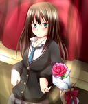  aqua_eyes blush brown_hair cardigan flower highres idolmaster idolmaster_cinderella_girls long_hair necktie ribbon rose school_uniform shibuya_rin solo yzb-030 