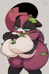anthro areola big_breasts biped black_body black_fur blue_eyes blush breasts cartoon_network ears_back female fur glistening glistening_breasts grey_background hi_res huge_breasts kyurisawa mammal mao_mao:_heroes_of_pure_heart multicolored_body multicolored_fur nipples open_mouth pivoted_ears procyonid raccoon red_body red_fur simple_background solo standing tanya_keys tongue white_body white_fur