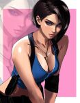  1girl blue_eyes blue_shirt breasts brown_hair cleavage elbow_pads english_commentary highres jewelry jill_valentine kittymiya looking_at_viewer midriff necklace resident_evil resident_evil_3:_nemesis resident_evil_3_(remake) shirt short_hair single_elbow_pad 