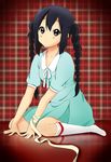  black_hair blue_dress braid brown_eyes dress hanatani_nina highres k-on! k-on!_movie long_hair nakano_azusa singing! sitting solo twin_braids twintails wariza 