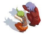  2boys aaron_(pokemon) ahoge akr_(tvfz2233) cat_shadow_puppet_(meme) commentary_request green_hair grey_shoes jacket long_hair lucian_(pokemon) male_focus meme multiple_boys orange_pants pants pokemon pokemon_dppt red_jacket red_pants shirt shoes short_hair sleeveless sleeveless_shirt squatting 