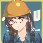  1girl acrylicstroke blu_engineer_(tf2) blue_shirt braid brown_eyes brown_hair closed_mouth collared_shirt commission commissioner_upload cosplay earrings engineer engineer_(tf2) engineer_(tf2)_(cosplay) entropy_(honkai_impact) female_dreamseeker_(honkai_impact) glasses helmet highres honkai_(series) honkai_impact_3rd jewelry long_hair looking_at_viewer non-web_source semi-rimless_eyewear shirt smile solo team_fortress_2 upper_body 