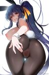  1girl animal_ears ass ass_focus black_hair blush breasts brown_pantyhose covered_anus covered_pussy fake_animal_ears fake_tail from_behind grin hair_ribbon high_school_dxd highres himejima_akeno large_breasts long_hair looking_at_viewer looking_back nipples pantyhose playboy_bunny ponytail rabbit_ears rabbit_tail red_eyes ribbon sidelocks smile solo tail thighs tofuubear topless_female variant_set very_long_hair wrist_cuffs 
