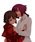  black_hair brown_hair chloe_(noir) cowl hood multiple_girls noir ponytail purple_eyes purple_hair red_eyes shirt short_hair smile umekichi yuumura_kirika 