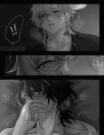  ! !! 2boys ? aventurine_(honkai:_star_rail) black_border blush border breath collarbone commentary_request covering_own_mouth dr._ratio_(honkai:_star_rail) greyscale hand_over_own_mouth hickey highres honkai:_star_rail honkai_(series) looking_at_another male_focus monochrome multiple_boys musical_note rimeaari shirt short_hair speech_bubble spoken_exclamation_mark spoken_musical_note spoken_question_mark tearing_up yaoi 