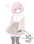  1girl black_thighhighs chame_(myyo04) choker dated demon_tail feet_out_of_frame flower frilled_skirt frills grey_jacket grey_skirt hair_flower hair_ornament head_tilt heart jacket momo_velia_deviluke open_clothes open_jacket parted_lips pink_hair plaid_clothes plaid_skirt purple_eyes shirt short_hair signature simple_background skirt solo tail thighhighs to_love-ru to_love-ru_darkness white_background white_choker white_flower white_shirt zettai_ryouiki 