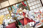  alcohol alice_margatroid apron ascot bat_wings beer belt blonde_hair blouse blue_eyes blue_hair bottle bow bowl braid brown_eyes brown_hair buttons can capelet chopsticks cup day detached_sleeves doll dress dutch_angle flandre_scarlet food hair_bow hair_ribbon hair_tubes hairband hakurei_reimu hat hat_ribbon holding horns ibuki_suika izayoi_sakuya japanese_clothes kirisame_marisa kneeling konpaku_youmu kotatsu long_hair long_sleeves lunica maid maid_headdress meat midriff multiple_girls new_year no_hat no_headwear open_door open_mouth packet paper pink_hair puffy_sleeves red_eyes remilia_scarlet ribbon saigyouji_yuyuko sake sarashi shanghai_doll shirt short_hair short_sleeves side_ponytail silver_hair sitting skirt skirt_set sky sleeveless sleeveless_shirt smile socks table torii touhou tree triangular_headpiece twin_braids waist_apron white_legwear wings yakumo_yukari yellow_eyes 