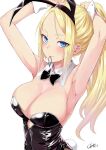  1girl adjusting_hair animal_ears armpits arms_up black_bow black_bowtie black_headband black_leotard blonde_hair blue_eyes blush bow bowtie breasts cleavage dated detached_collar fake_animal_ears fake_tail forehead headband highres large_breasts leotard long_hair looking_at_viewer mouth_hold okara original playboy_bunny ponytail rabbit_ears rabbit_tail signature solo tail traditional_bowtie upper_body white_wrist_cuffs wrist_cuffs 