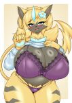 absurd_res accessory anthro aurora_(nbanoob) big_breasts blonde_hair blue_body blue_chest blue_eyes blue_flower blue_fur blue_hair bra breasts brown_body brown_chest brown_fur claws clothed clothing felid female flower flower_in_hair fluffy fluffy_chest fluffy_hair fur generation_7_pokemon grey_body grey_chest grey_fur hair hair_accessory hi_res huge_breasts legendary_pokemon lencerie mammal neck_tuft nintendo plant pokemon pokemon_(species) purple_bra purple_clothing purple_underwear showing_chest solo tail tailzkim thick_thighs tuft underwear wide_hips yellow_body yellow_fur yellow_tail zeraora