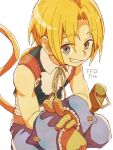  anniversary bare_shoulders blonde_hair blue_eyes blue_wrist_cuffs brown_gloves curtained_hair english_text engrish_text eyes_visible_through_hair final_fantasy final_fantasy_ix gloves green_vest grin ichi_(pixiv6373491) long_hair low_ponytail monkey_tail neck_ribbon parted_bangs ponytail ranguage ribbon shirt sleeveless sleeveless_shirt smile squatting tail vest white_shirt wrist_cuffs zidane_tribal 
