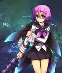  androgynous bad_id bad_pixiv_id blue_eyes braid cape crona_(soul_eater) empew highres pink_hair pleated_skirt purple_hair ragnarok_(demon_sword) school_uniform skirt solo soul_eater sword twin_braids weapon 