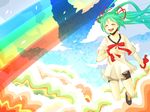  bow clouds green_hair hatsune_miku rainbow ribbons sky tagme_(artist) twintails vocaloid 