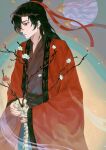  1boy absurdres benkebuhui bird black_hair black_hanfu bone branch chinese_clothes chinese_commentary closed_mouth coat dao_gui_yi_xian flower full_moon hair_bun hair_over_one_eye hair_ribbon half_updo hanfu highres holding holding_skeleton holding_skull implied_yaoi li_huowang light_particles long_hair long_sleeves looking_to_the_side male_focus moon open_clothes open_coat parted_lips profile red_coat red_eyes red_flower red_ribbon ribbon robe single_hair_bun skull smoke solo spine spine_sword standing upper_body white_flower wide_sleeves 