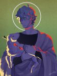 1boy animal artist_name black_shirt blood blood_from_eyes blue_eyes brand_new_animal hair_over_one_eye highres holding holding_animal lamb light_frown male_focus ogami_shirou salmonpiffy sheep shirt short_hair standing upper_body wide_sleeves 