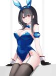  1girl absurdres adapted_costume animal_ear_hairband animal_ears beisaku_bei black_garter_straps black_gloves black_thighhighs blue_hairband breasts cleavage detached_collar fake_animal_ears garter_straps gloves hairband highleg highleg_leotard highres kantai_collection large_breasts leotard playboy_bunny rabbit_ear_hairband rabbit_ears red_eyes short_hair sitting smile solo strapless strapless_leotard takao_(kancolle) thighhighs white_wrist_cuffs wrist_cuffs 
