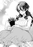  1girl blouse blush breasts closed_mouth collarbone giuniu greyscale hair_between_eyes holding long_hair monochrome novel_illustration official_art otoko_girai_na_bijin_shimai_wo_namae_mo_tsugezu_ni_tasuketara_ittai_dounaru? plant potted_plant ribbed_shirt second-party_source shinjou_sakina shirt sitting skirt solo 