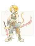  bare_shoulders blonde_hair blue_pants blue_wrist_cuffs boots bow bowtie final_fantasy final_fantasy_ix gloves green_eyes green_gloves green_vest holding holding_sword holding_weapon ichi_(pixiv6373491) low_ponytail male_focus monkey_tail pants ponytail scabbard sheath shirt simple_background sleeveless sleeveless_shirt sword tail vest weapon white_shirt wrist_cuffs zidane_tribal 