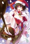  absurdres bag bell black_hair blue_eyes breasts capelet christmas cleavage elbow_gloves fur_trim garter_straps gift gloves hat highres ikeda_yasuhiro medium_breasts open_mouth red_footwear red_gloves reindeer sack santa_costume santa_hat shiina_mayuri short_hair sitting sled sleigh snowing solo steins;gate thighhighs toy_gun white_legwear 