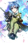  1girl anti-materiel_rifle black_gloves blue_eyes blue_hair bolt_action fingerless_gloves full_body gloves green_leggings gun hair_between_eyes hair_ornament hairclip holding holding_gun holding_weapon leggings long_sleeves looking_at_viewer mady_(madine08260) parted_lips pgm_hecate_ii rifle scarf short_hair sinon sitting sniper_rifle solo sword_art_online weapon white_scarf 