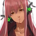  bad_id bad_pixiv_id blood collarbone empty_eyes expressionless face glowing head_tilt headphones long_hair looking_at_viewer nosebleed original pink_hair portrait red_eyes simple_background solo tef white_background 