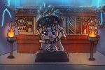  &gt;:p 1girl 1other :d altar architecture bing_huyue blush_stickers chest_jewel chibi crying dagger english_commentary gem hair_flaps highres holding holding_dagger holding_knife holding_weapon hololive hololive_english human_sacrifice knife koseki_bijou long_hair mayan_clothes mesoamerican_architecture pebble_(koseki_bijou) purple_eyes purple_gemstone purple_hair rain smile thunder thunderstorm torch weapon 