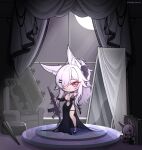  1girl animal_ear_fluff animal_ears black_bridal_gauntlets black_dress black_flower black_rose black_shoes breasts bridal_gauntlets briefcase character_doll chibi discordia_(vtuber) doll dress flower fox_ears fox_girl gun hair_flower hair_ornament hair_over_one_eye hairclip high_heels highres holding holding_gun holding_weapon indie_virtual_youtuber jewelry long_hair navel necklace orange_crayon! red_hair rose shoes side_slit solo umbrella virtual_youtuber weapon white_hair 