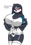 anthro big_breasts blush breasts cleavage clothed clothing english_text female helluva_boss lingerie octavia_(helluva_boss) pace-maker small_waist solo text thick_thighs wide_hips