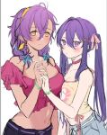  2girls alternate_costume asymmetrical_docking bead_bracelet beads black_shorts blue_ribbon blush bracelet braid breast_press breast_size_difference breasts casual choker cleavage closed_mouth collarbone cowboy_shot crop_top dark-skinned_female dark_skin double-parted_bangs earrings ensemble_stars! expressionless flower_earrings genderswap genderswap_(mtf) grey_skirt groin hair_between_eyes hair_intakes hair_ornament hair_ribbon hairband hairpin height_difference holding_hands jewelry kanzaki_souma large_breasts long_hair looking_at_viewer low_twin_braids messy_hair multiple_girls nancy980216 navel necklace off_shoulder_shirt otogari_adonis pink_choker pink_ribbon pink_top purple_eyes ribbon ribbon_braid shirt_ribbon shorts sidelocks simple_background skirt small_breasts smile spaghetti_strap stomach twin_braids twintails white_background x_hair_ornament y2k_fashion yellow_eyes yellow_hairband 
