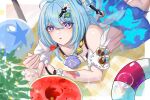  1girl ball beach beachball blue_dress blue_hair border breasts commentary_request dress eating food fruit griseo griseo_(starry_impression) griseo_(summer_as_a_painting) highres holding holding_spoon honkai_(series) honkai_impact_3rd lying m78_zaitaoaotezhanshi medium_hair official_alternate_costume on_stomach purple_eyes see-through_clothes see-through_dress small_breasts solo spoon striped_innertube watermelon white_border 