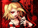  alternate_costume bare_shoulders blonde_hair bow collarbone face hair_bow hair_ornament hairclip highres kagamine_rin microphone red_eyes short_hair solo strap_slip ueno_tsuki upper_body vocaloid 