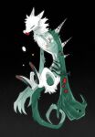  animal_feet back_spikes bairizuomeng black_background black_sclera colored_sclera curled_tail floating green_fur highres hole_on_body hollow_body large_hands liquid monster monster_focus original pill pill_in_mouth signature simple_background spotted_fur white_eyes 